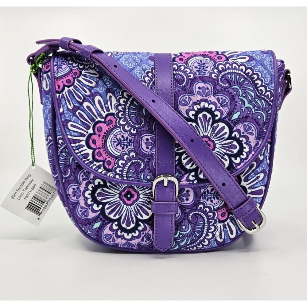Vera Bradley Lilac Tapestry Purple Floral Slim Saddle Bag Shoulder Crossbody